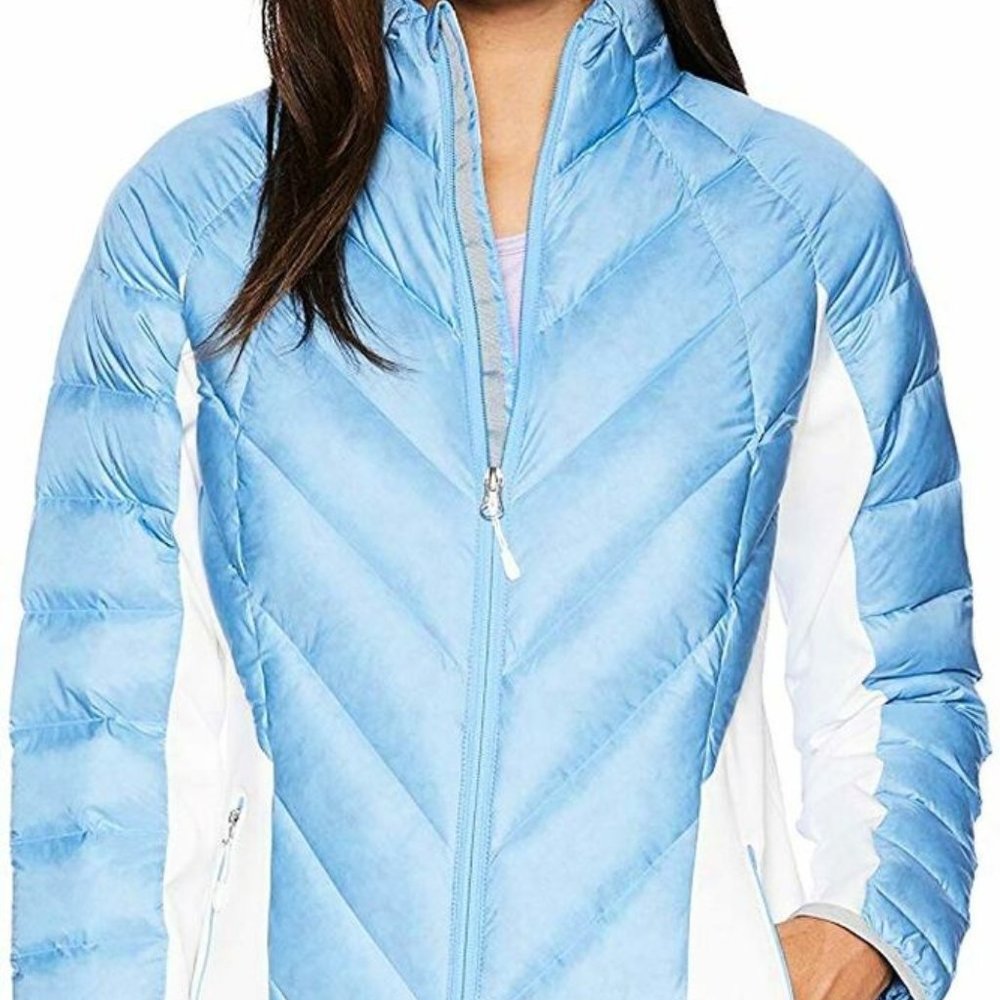 $229! NWT Spyder Women's Syrround DOWN Hybrid Jacket - Blue Ice / White, Medium